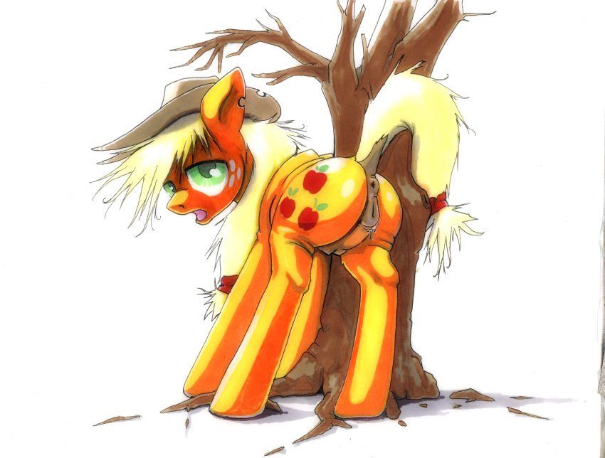 2015 anus applejack_(mlp) ass blonde_hair cowboy_hat cutie_mark dock earth_pony equine female feral freckles friendship_is_magic fur green_eyes hair hat hi_res horse long_hair mammal my_little_pony oddwarg open_mouth orange_fur plain_background pony pussy pussy_juice raised_tail solo tree white_background