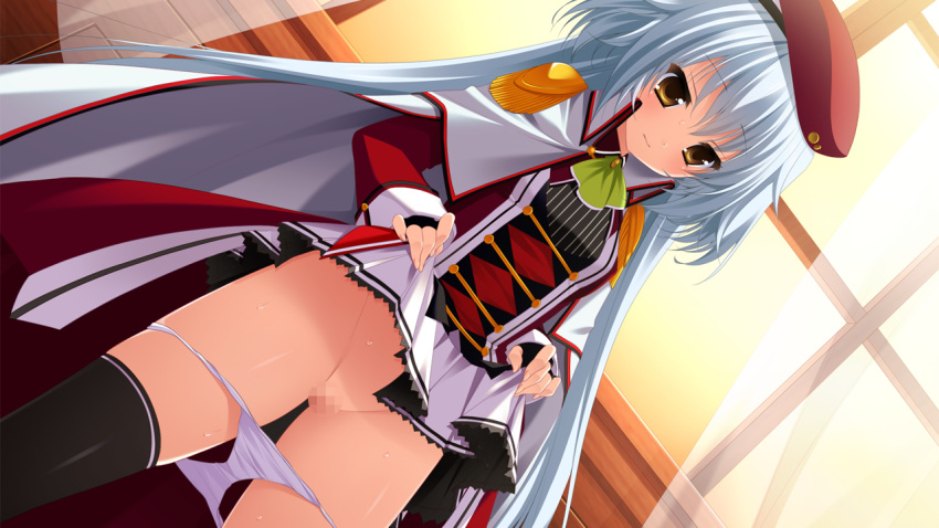 anastasia_kastalsky black_legwear blue_hair blush breasts brown_eyes cape censored curtains female game_cg hat highres kishi×kano legs long_hair looking_down minatsuki_alumi panties panty_pull pussy skirt skirt_lift small_breasts solo standing sweat thighs underwear white_panties window