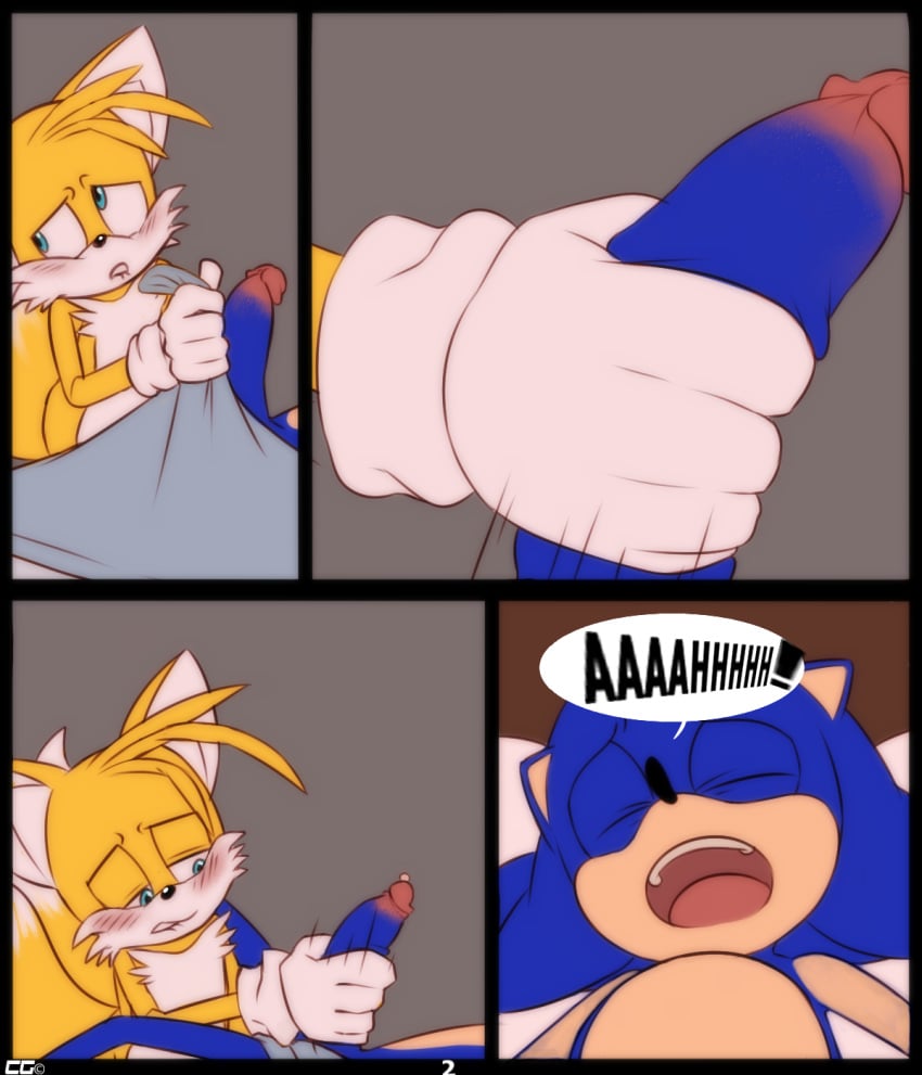 ! anthro blush canine close-up closed_eyes comic crazedg cum cum_on_penis english_text erection fox fur gloves half-closed_eyes handjob hedgehog looking_away male male_only mammal multiple_males open_mouth orgasm penis precum quills sega sleeping sonic_(series) sonic_the_hedgehog tails text yaoi