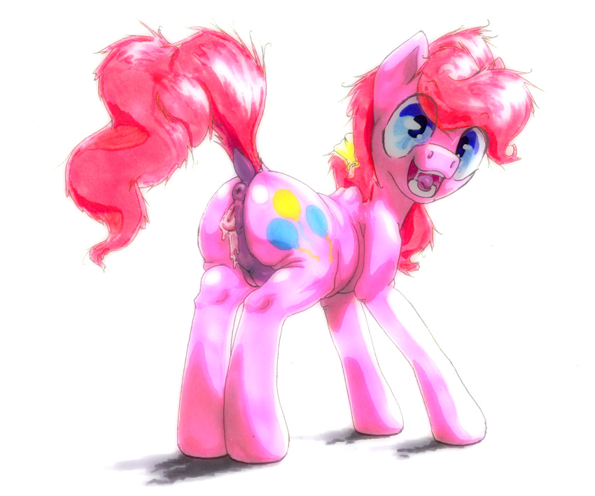 2015 anus ass balloon blue_eyes cutie_mark dock earth_pony equine female feral friendship_is_magic fur hair hi_res horse long_hair looking_at_viewer mammal my_little_pony oddwarg open_mouth pink_fur pink_hair pinkie_pie_(mlp) plain_background pony pussy pussy_juice raised_tail solo white_background