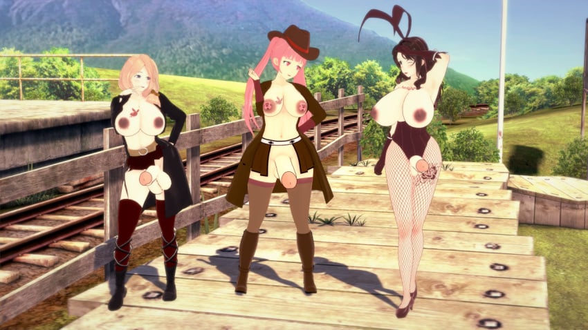 3d dorothea_arnault fire_emblem fire_emblem:_three_houses futanari hilda_valentine_goneril huge_breasts huge_cock isofont mercedes_von_martritz nintendo outdoors pink_hair