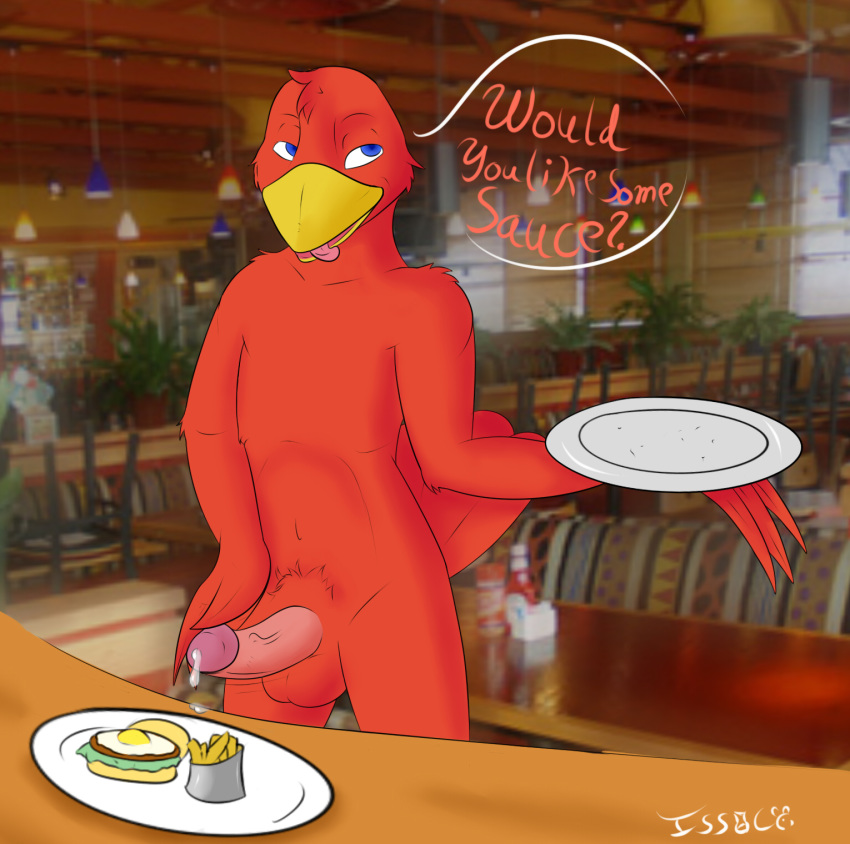 avian bird circumcised erection food issac_lazarus male male_only nude original original_character penis precum restaurant robin_(bird) solo