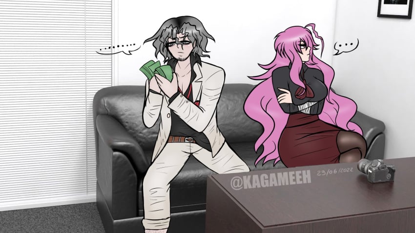 1boy 1girls casting_couch counting_money danganronpa danganronpa_another fanganronpa female fully_clothed grey_hair hashimoto_shobai kagameeh kagami_(kagameeh) male money pink_hair sdra2 super_danganronpa_another_2