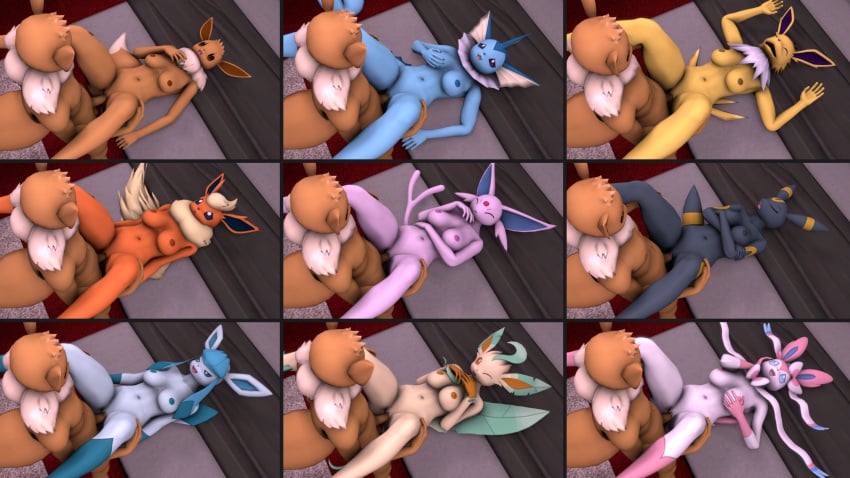 1boy 3d 3d_(artwork) 9girls all_nine_eeveelutions anthro areola big_breasts breasts canid canine eevee eeveelution espeon female flareon furry generation_1_pokemon generation_2_pokemon generation_4_pokemon generation_6_pokemon glaceon hand_on_breast hi_res jolteon leafeon male male/female male_on_female mammal missionary_position nintendo nipples open_mouth panels penis pokemon pokemon_(species) pokemon_on_pokemon pokensfm purple_areola ribbonjob sex sfm sylveon umbreon vaporeon video_games