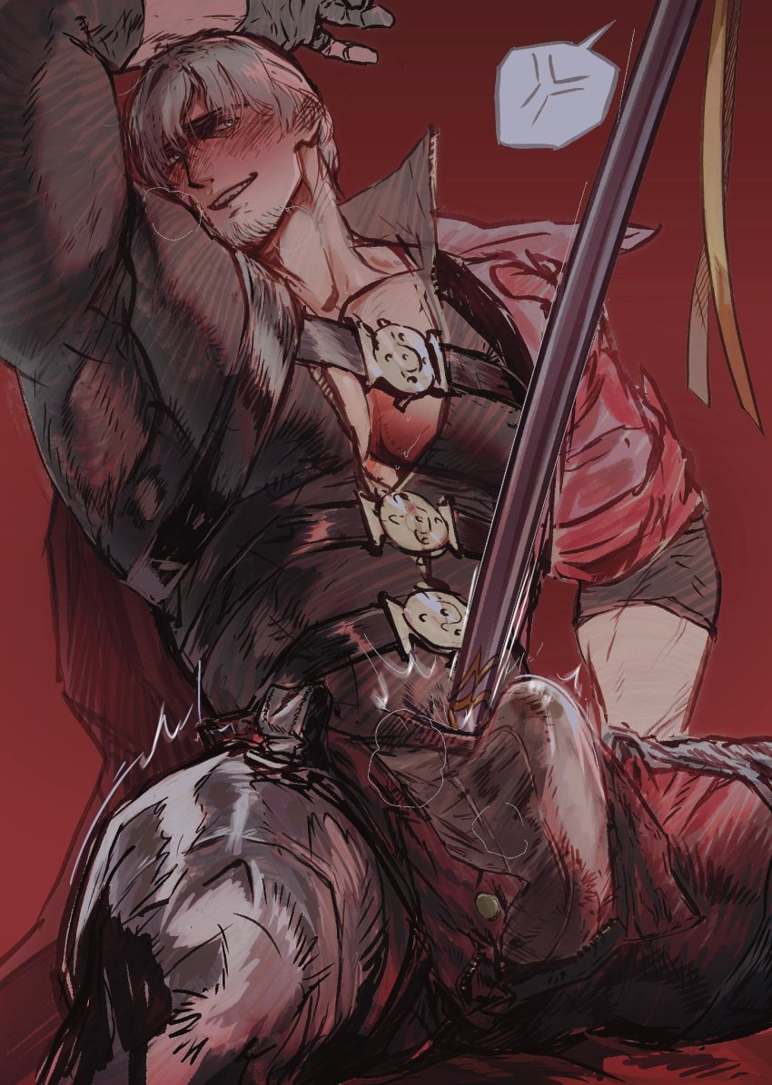 blush boner dante dante_(devil_may_cry) devil_may_cry devil_may_cry_4 dilf erection erection_under_clothes facial_hair handsome handsome_man large_pectorals male_only muscular muscular_male older_male pecs solo solo_male