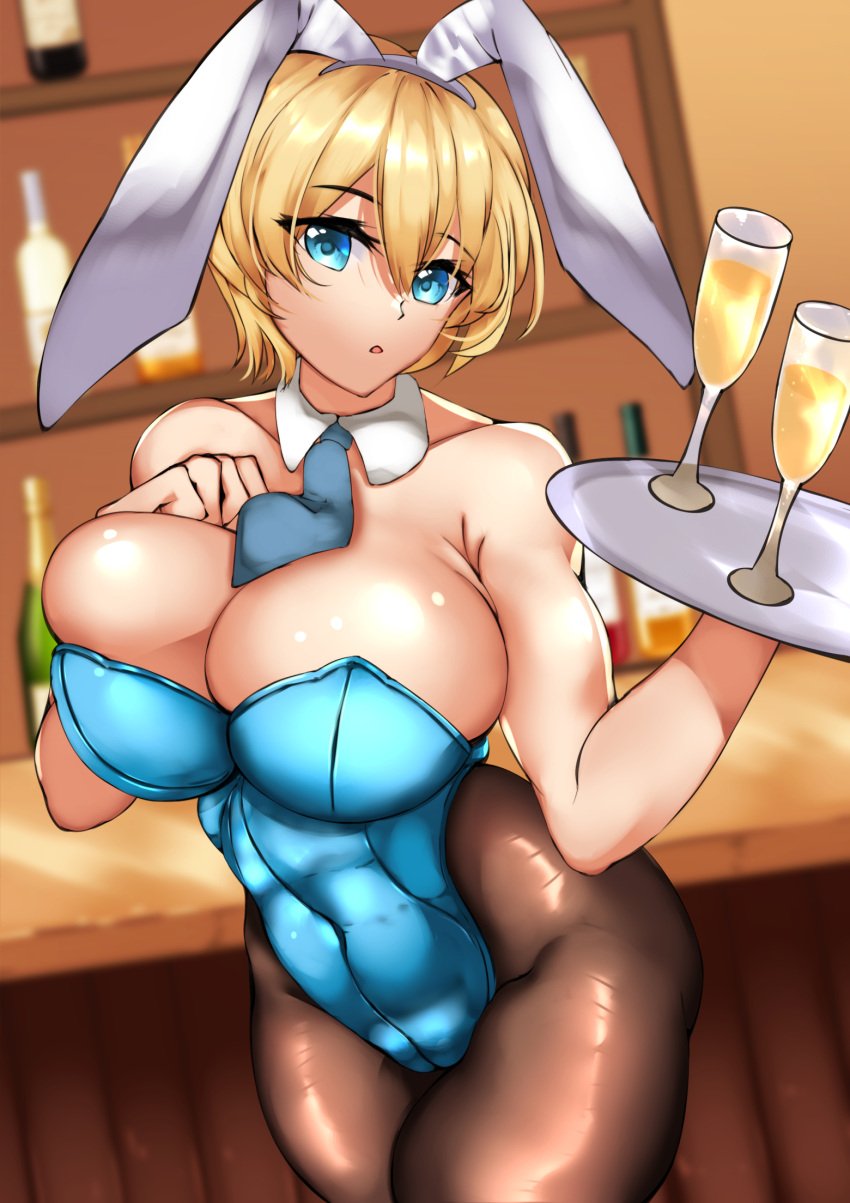 1girls alternate_version_available big_breasts blonde_hair blue_bunnysuit blue_eyes breasts bunny_ears bunnysuit cleavage fake_animal_ears female female_only girls'_frontline hair holding_plate huge_breasts leggings legwear necktie neckwear plate purplecat_(artist) solo solo_female vsk-94_(girls_frontline) wine_glass