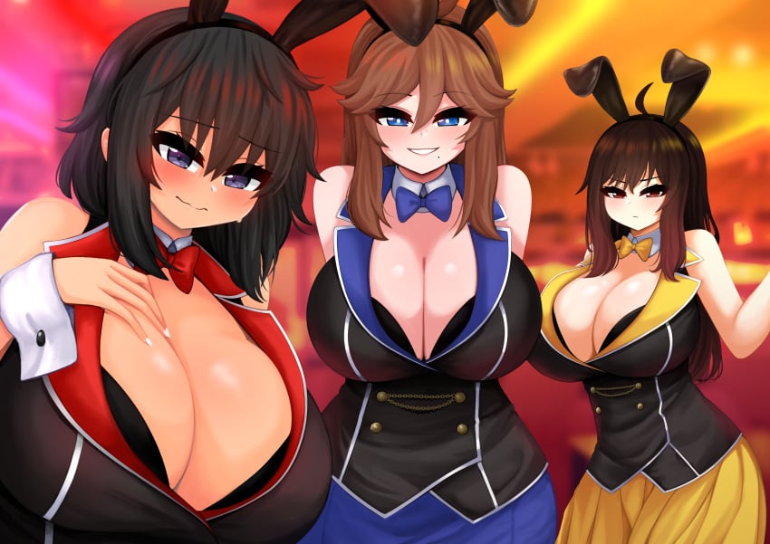 3girls bunny_ears bunnysuit cleavage himiko_(the_only_shoe) huge_breasts multiple_girls original playboy_bunny the_only_shoe