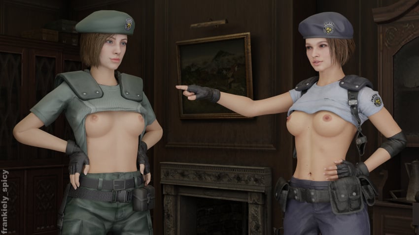 2girls 3d angry angry_expression angry_face asian asian_female belly belly_button beret blender blue_eyes bob_cut breasts breasts_out brown_hair capcom catfight celebrity challenge challenge_accepted challenging clothed clothed_female clothing duo duo_female duo_focus female female_focus female_only fight fighting_stance frankiely_spicy human indoor indoors inside jill_valentine jill_valentine_(julia_voth) jill_valentine_(sasha_zotova) leather leather_gloves leather_harness leather_straps mansion naked naked_female navel nipples nude nude_female pale-skinned_female pale_skin partially_nude police police_hat police_officer police_uniform policewoman resident_evil resident_evil_3 resident_evil_3_remake resident_evil_remake ryona shirt shirt_lift shirt_pull shirt_up short_hair smile smiling smiling_at_another smiling_at_partner