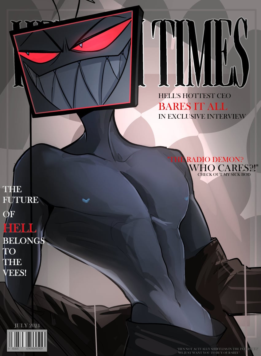 1boy curvy curvy_figure curvy_male half-closed_eyes hazbin_hotel heart-shaped_nipples magazine magazine_cover male male_only muscular muscular_male nipples object_head pinksartdump red_sclera sharp_teeth shirtless topless tv_head vox_(hazbin_hotel)