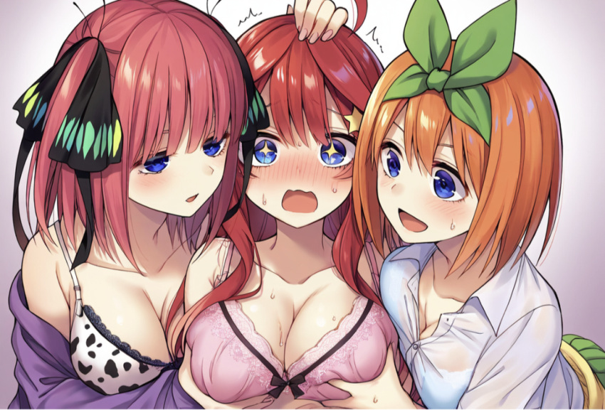 3girls ai_generated blue_eyes fff_threesome go-toubun_no_hanayome groping_breasts incest large_breasts lingerie nakano_itsuki nakano_nino nakano_yotsuba orange_hair red_hair sisters star_eyes surprised top_pulled_down yuri