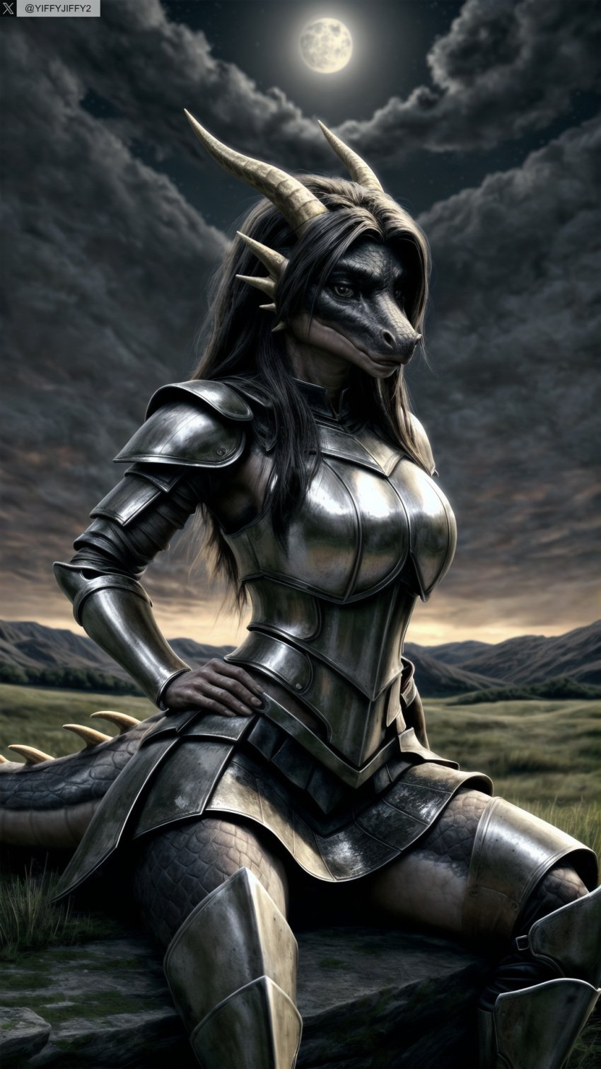 ai_generated anthro armor artist_name black_hair breastplate clothed clothed_female cloud dragon dragon_girl dragon_horns dragon_tail female female_anthro female_focus female_only full_moon hi_res high_resolution highres horns long_hair monster_girl moon night outdoors photorealistic realistic reptile scales scalie sitting sky solo stable_diffusion tail twitter twitter_username watermark yiffyjiffy2 yiffyjiffy69
