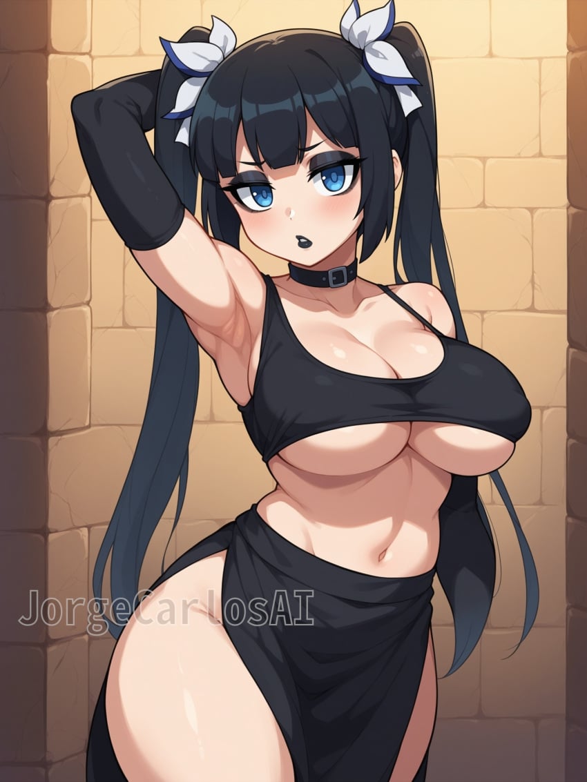 1girls ai_generated arm_up armpit_fetish armpits big_breasts black_clothes black_clothing black_hair black_lipstick black_makeup black_skirt black_top black_topwear blue_eyes breasts cleavage collar dark_makeup dungeon dungeon_ni_deai_wo_motomeru_no_wa_machigatteiru_darou_ka elbow_gloves female female_focus female_only goth goth_girl gothic gothified hestia_(danmachi) is jorgecarlosai lipstick long_hair makeup midriff navel rock_wall skirt stone_wall thick thick_ass thick_thighs thighs tied_hair toned toned_female tummy twintails underboob wall watermark wide_hips