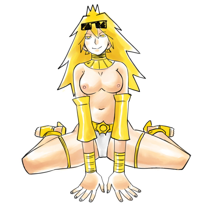 1girls aoushima breasts_out cocky_smile dalbek egyptian_clothes egyptian_female female goddess gold gold_eyes gold_jewelry heels huge_ass huge_breasts human nipples sitting smug_face sun sun_chan sun_chan_dalbek sun_god sunglasses sunglasses_on_head topless white_background white_panties