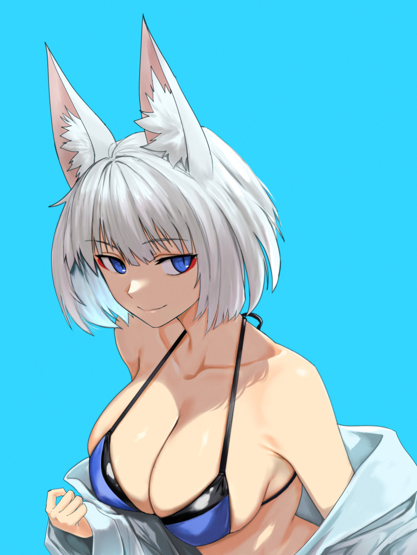 1girls absurdres akizuki_(17769498) animal_ear_fluff animal_ears azur_lane bikini blue_eyes breasts cleavage clothes_down collarbone eyeliner female fox_ears halterneck highres kaga_(azur_lane) large_breasts light-skinned_female light_skin looking_to_the_side makeup open_clothes open_shirt sakura_empire_(azur_lane) shirt short_hair sideways_glance simple_background slit_pupils smile solo swimsuit upper_body white_hair white_shirt