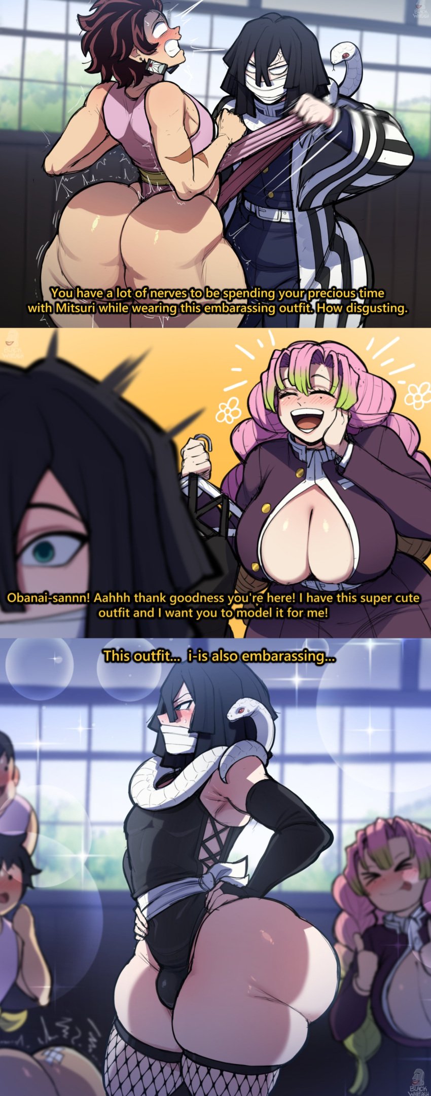 1girls 2femboys 4boys angry angry_face ass ass_focus big_ass big_ass_(male) big_ass_cheeks big_breasts big_butt black_hair blackwhiplash bottom_heavy bottom_heavy_femboy breasts_bigger_than_head bubble_ass bubble_butt bwl changing_clothes child_bearing_hips comic comic_panel costume dat_ass demon_slayer english_text fat_ass fat_ass_femboy female femboy forced forced_presentation iguro_obanai kanroji_mitsuri kimetsu_no_yaiba male male_ass male_focus mask pink_clothing pink_hair round_ass standing stretching tanjiro_kamado text thick_ass thick_hips wedgie wedgied_male wide_ass wide_hips