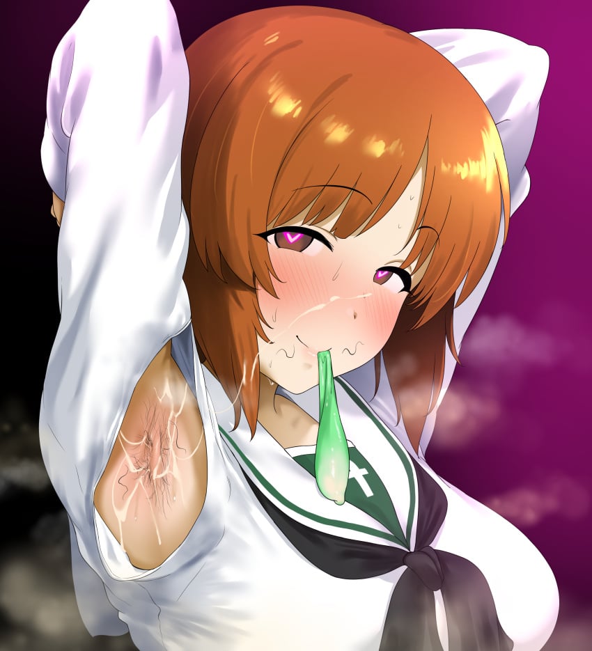 1girls armpit_cutout armpit_hair armpits arms_behind_back blush breasts clothing_cutout condom condom_in_mouth cum cum_on_armpit cum_on_face daroon5 female girls_und_panzer heart-shaped_pupils large_breasts looking_at_viewer mouth_hold nishizumi_miho ooarai_school_uniform presenting_armpit sailor_collar school_uniform smell smile solo steaming_body stray_pubic_hair sweat upper_body used_condom