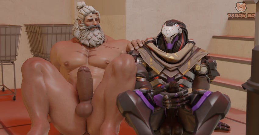 2boys balls bara barazoku beard light-skinned_male light_skin male male_only mature mature_male muscular muscular_male old_man older_male overwatch overwatch_2 penis ramattra reinhardt robot txddy3d white_hair