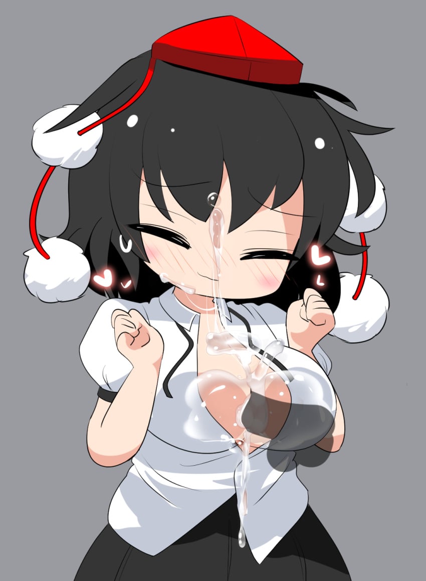 1boy black_hair black_skirt blank_censor blush breasts censored closed_eyes closed_mouth collared_shirt commentary_request cookie_(touhou) cowboy_shot cum cum_on_body cum_on_breasts ejaculation female hands_up hat heart highres large_breasts lets0020 maru_(cookie) medium_bangs nose_blush open_clothes open_shirt paizuri penis perpendicular_paizuri ponytail puffy_short_sleeves puffy_sleeves red_hat shameimaru_aya shirt short_hair short_sleeves simple_background skirt smile solo_focus straight tokin_hat touhou variant_set white_shirt