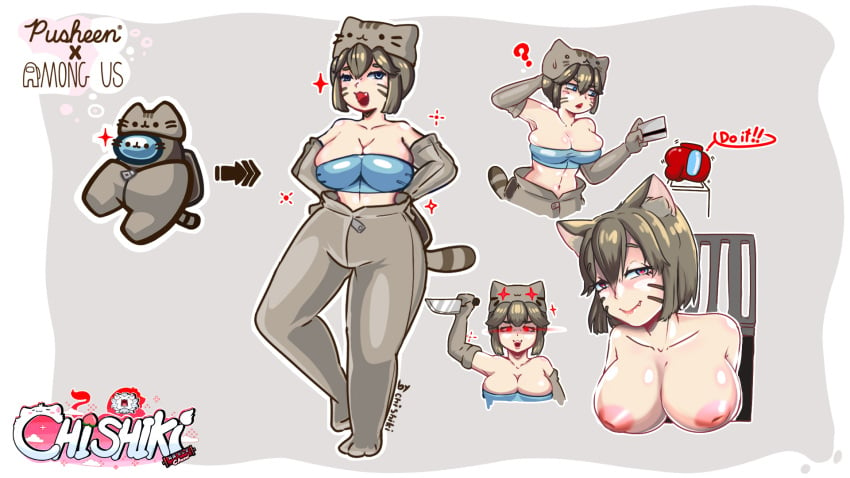 1girls 1other among_us among_us_reference big_breasts chishiki chishikiw crewmate_(among_us) crossover dios_nos_a_abandonado female female_only grey_hair humanized innersloth looking_at_viewer meme pusheen pusheen_the_cat_(series) red_(among_us) short_hair