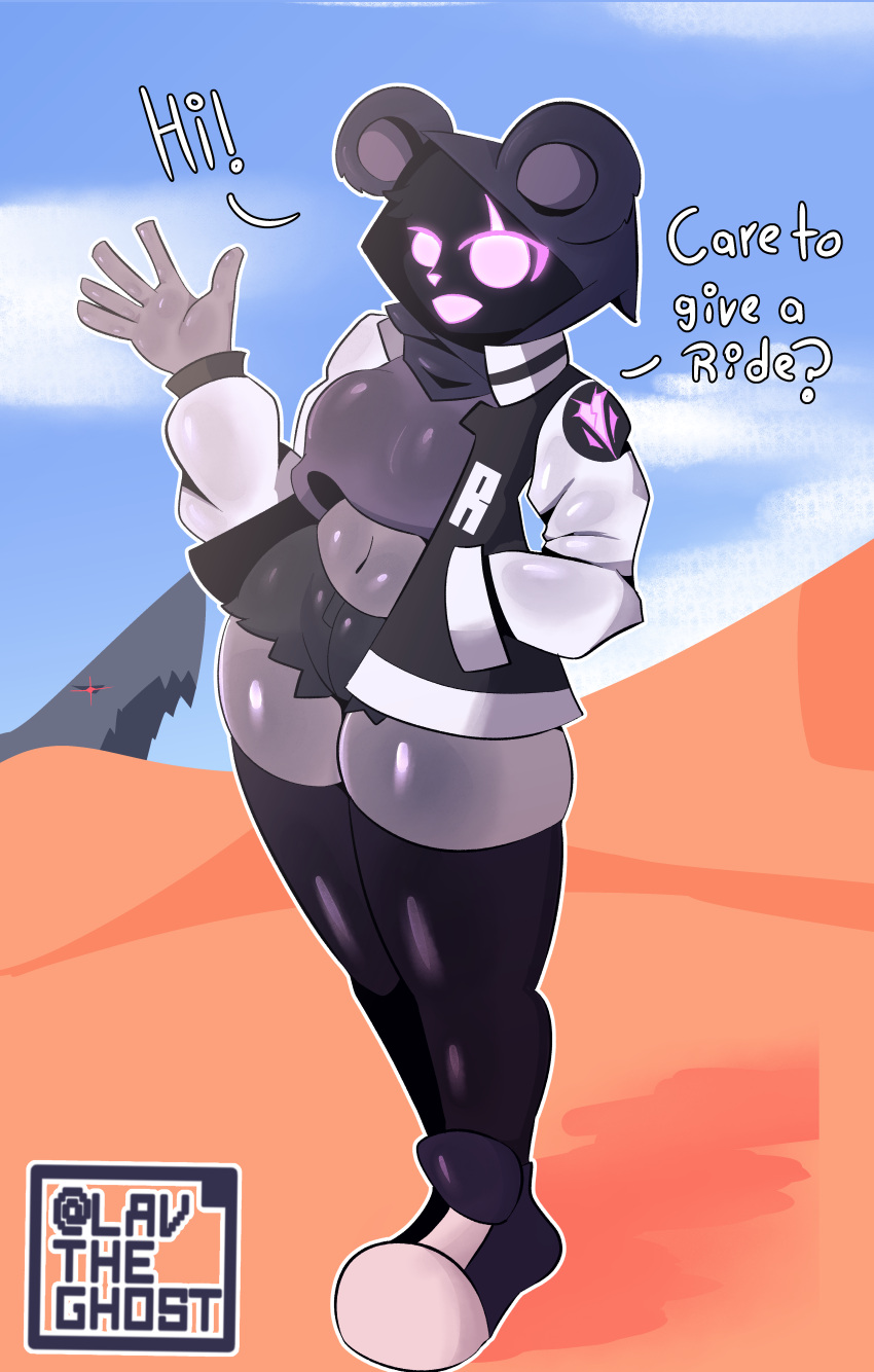 bear_ears bear_girl curvy desert fortnite fortnite:_battle_royale furry furry_female jacket jacket_open lavtheghost looking_at_viewer raven_team_leader shorts stockings thick_thighs