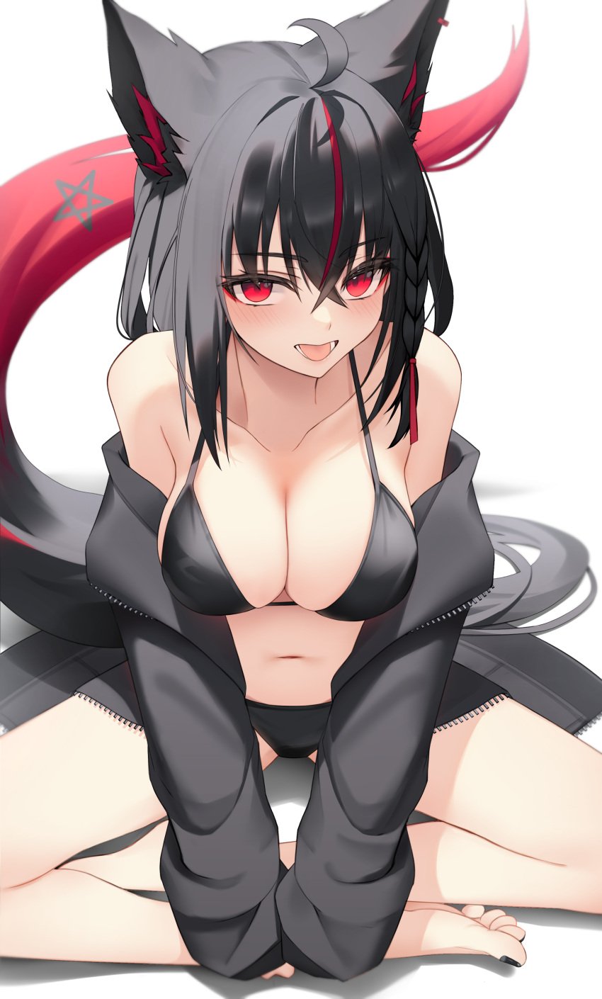 1girls absurdres ahoge animal_ear_fluff animal_ears barefoot bikini black_bikini black_hair black_nails braid breasts cleavage commentary dark_persona female fox_ears fox_girl fox_tail hair_between_eyes highres hololive kurokami_fubuki large_breasts long_hair long_sleeves looking_at_viewer multicolored_hair pentagram red_eyes red_hair red_streaks single_braid solo streaked_hair swimsuit tail thomas_8000 virtual_youtuber