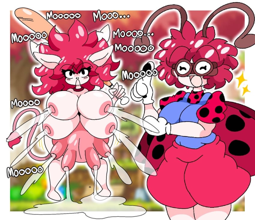 1boy 1girls big_ass big_breasts big_butt breasts busty_boy bustyboy_boy cow_ears cow_horns cow_tail erect_nipples female femboy_with_breasts huge_breasts insect_girl insect_humanoid insects ladybug male male_lactation male_with_breasts multi_breast red_hair shortstack summeryfortuna transformation udders