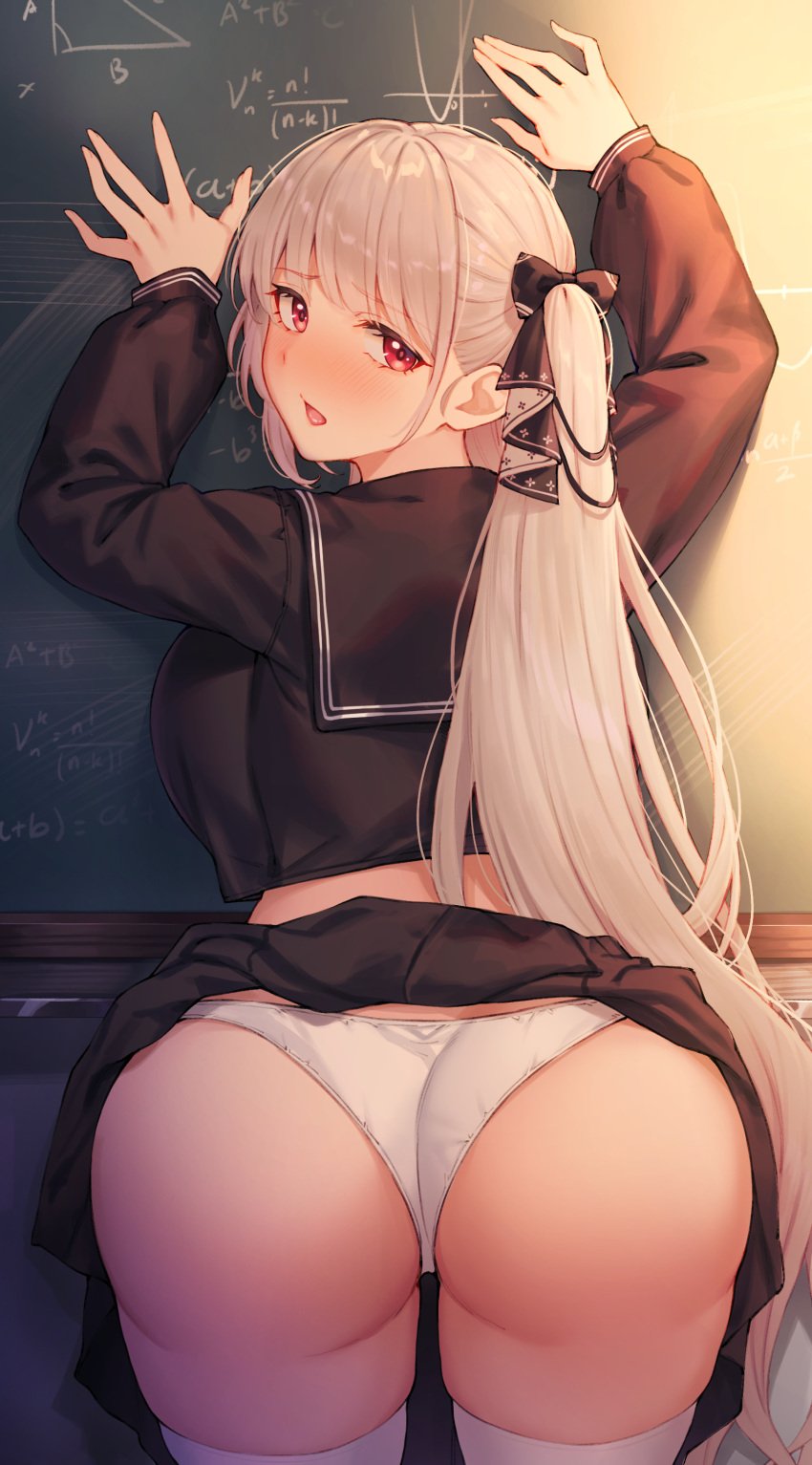 1girls absurdres arms_up ass azur_lane black_sailor_collar black_serafuku black_shirt black_skirt blush chalkboard clothes_lift embarrassed equation female formidable_(azur_lane) formidable_(the_lover's_heart_flutters_on_duty)_(azur_lane) grey_hair highres kimi_tsuru light-skinned_female light_skin long_hair looking_at_viewer looking_back midriff nose_blush official_alternate_costume open_mouth panties red_eyes royal_navy_(azur_lane) sailor_collar school_uniform serafuku shirt skirt skirt_lift solo thighhighs twintails underwear white_panties white_thighhighs