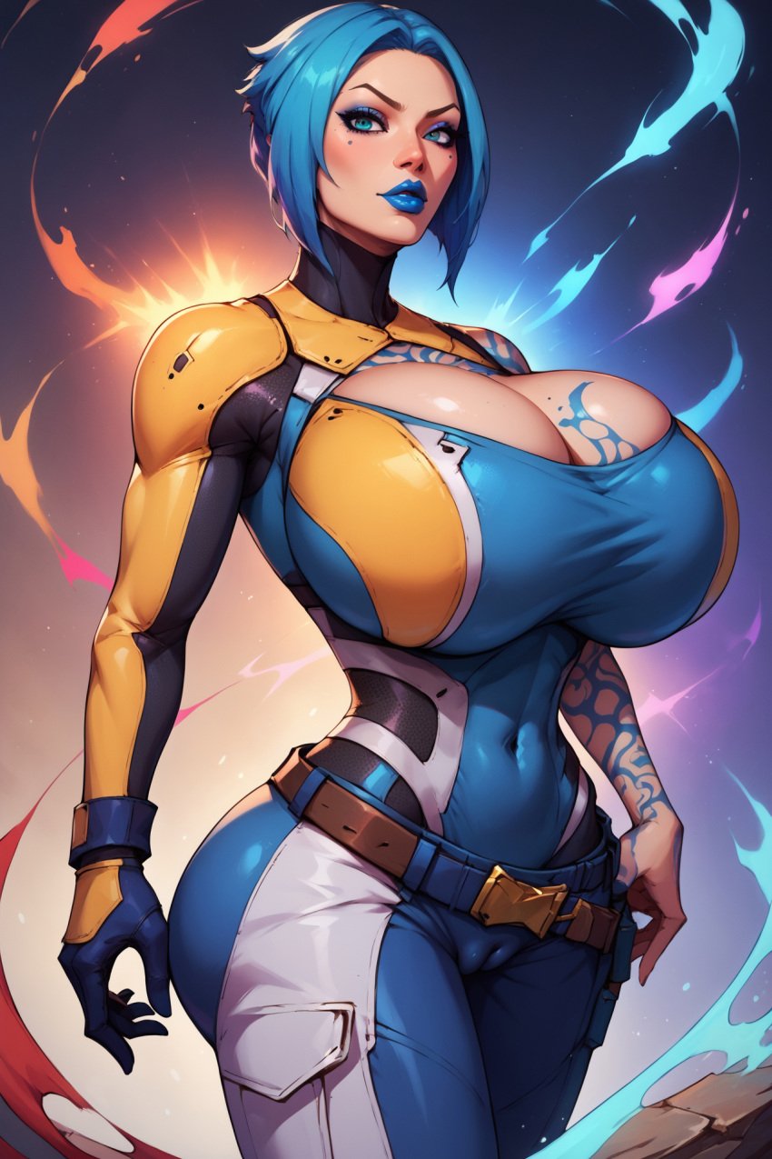 1girls ai_generated big_breasts blue_eyes blue_hair blue_jeans blue_lipstick blue_tattoo borderlands bythebrokenone cameltoe female_only huge_breasts maya_(borderlands) solo solo_female tagme