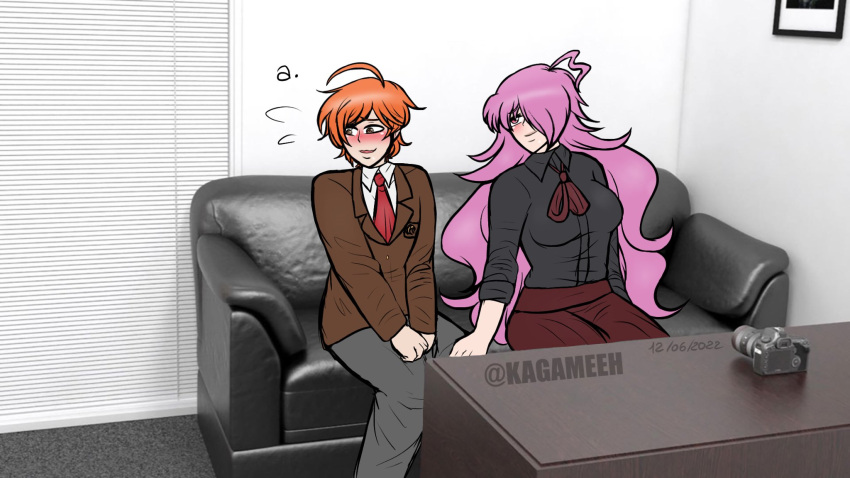 1boy 1girls ahoge casting_couch danganronpa danganronpa_another fanganronpa female fully_clothed kagameeh kagami_(kagameeh) male orange_hair pink_hair sdra2 shy super_danganronpa_another_2