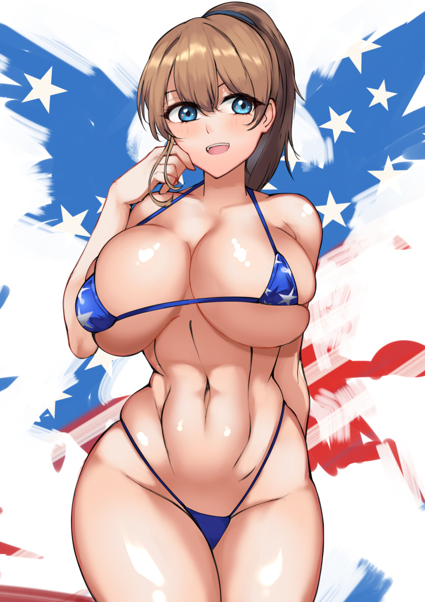 1girls alternate_version_available american_flag_bikini big_breasts bikini bikini_bottom bikini_top blue_bikini blue_eyes bottomwear breasts brown_hair cleavage female female_only fully_clothed hair hips huge_breasts intrepid_(kantai_collection) kantai_collection micro_bikini ponytail purplecat_(artist) revealing_clothes skimpy_clothes smile solo solo_female swimwear thighs topwear