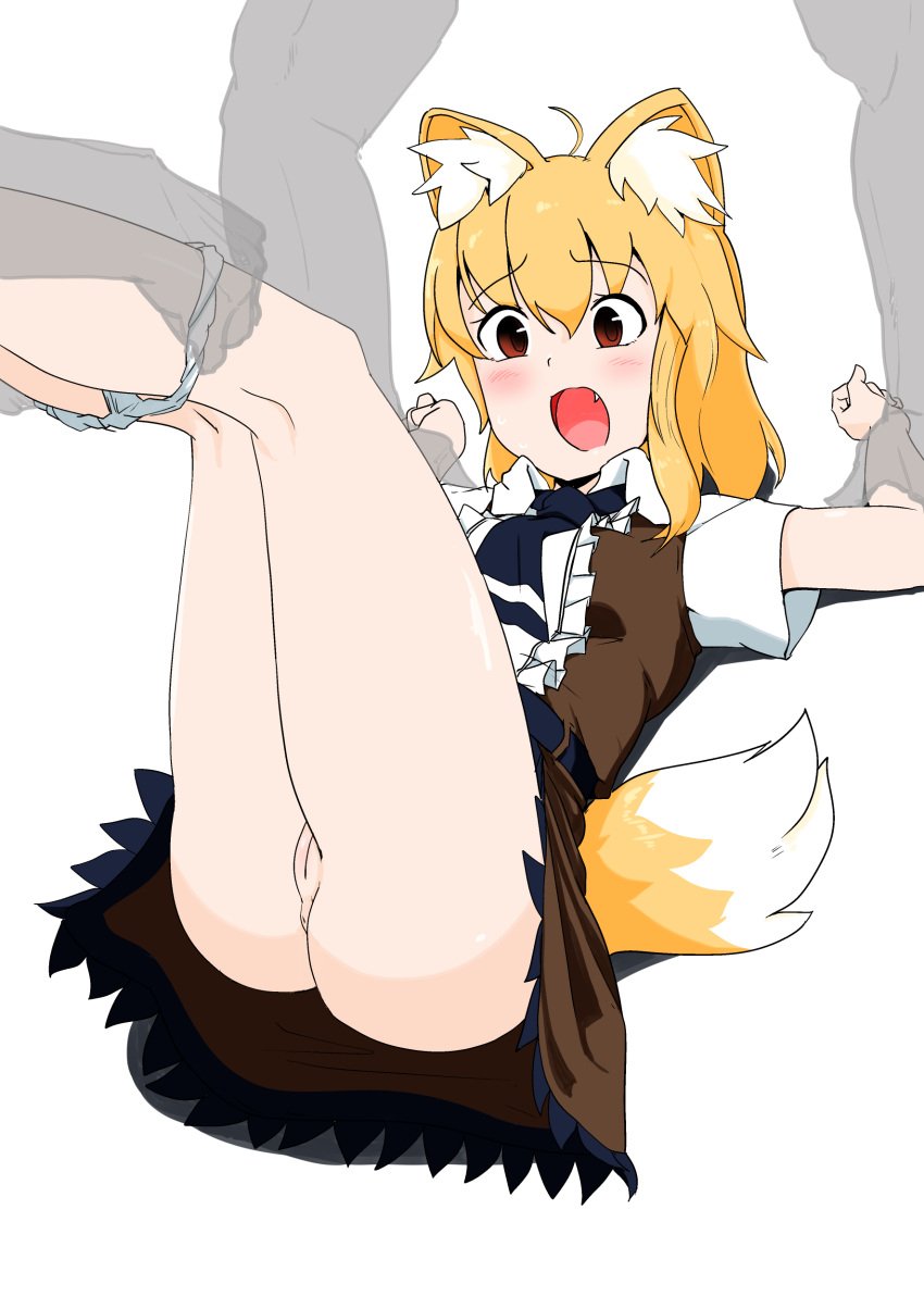 2boys absurdres ahoge animal_ear_fluff animal_ears anus ascot ass assisted_rape asymmetrical_hair belt black_ascot black_belt blonde_hair blush breasts brown_dress collared_shirt commentary_request cookie_(touhou) dress feet_out_of_frame female fox_ears fox_girl fox_tail frilled_dress frills highres medium_hair miramikaru_riran multiple_boys oerba_yun_fang open_mouth panties panty_pull pinafore_dress pussy remote_controller_4 restrained shirt short_sleeves simple_background single_sidelock sleeveless sleeveless_dress small_breasts solo_focus tail uncensored underwear white_background white_panties white_shirt