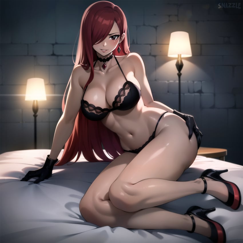 1girls ai_generated backlighting bare_shoulders bed bed_sheet bedroom big_breasts black_bra black_choker black_lingerie black_panties blush bra breasts brown_eyes choker cleavage collarbone earrings erza_scarlet eyelashes fairy_tail full_body hair_over_one_eye high_heels indoors large_breasts long_hair looking_at_viewer navel on_bed panties parted_lips red_hair sidelocks smile snazzdaz snazzle solo solo_focus thick_thighs thighs underwear watermark