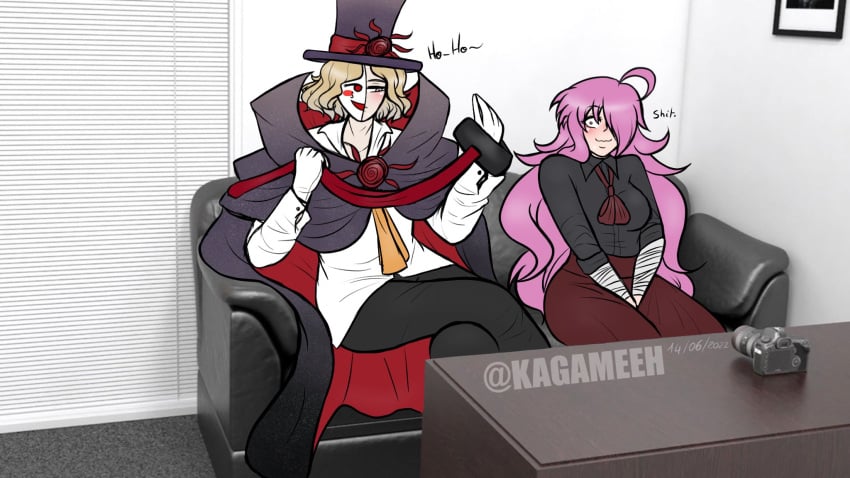 1boy 1girls blonde_hair casting_couch danganronpa danganronpa_another fanganronpa female fully_clothed imminent_sex kagameeh kagami_(kagameeh) male mask nervous pink_hair rope sannoji_mikado sdra2 super_danganronpa_another_2