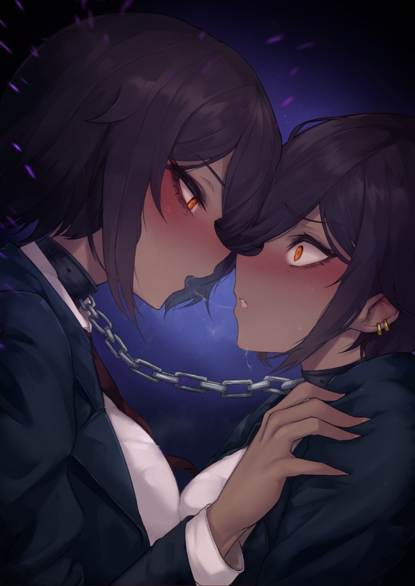 2girls blush brown_hair choker dark-skinned_female dark_skin ear_piercing earrings female limbus_company making_out outis_(limbus_company) project_moon saliva saliva_trail selfcest short_hair tresmarrow yellow_eyes yuri