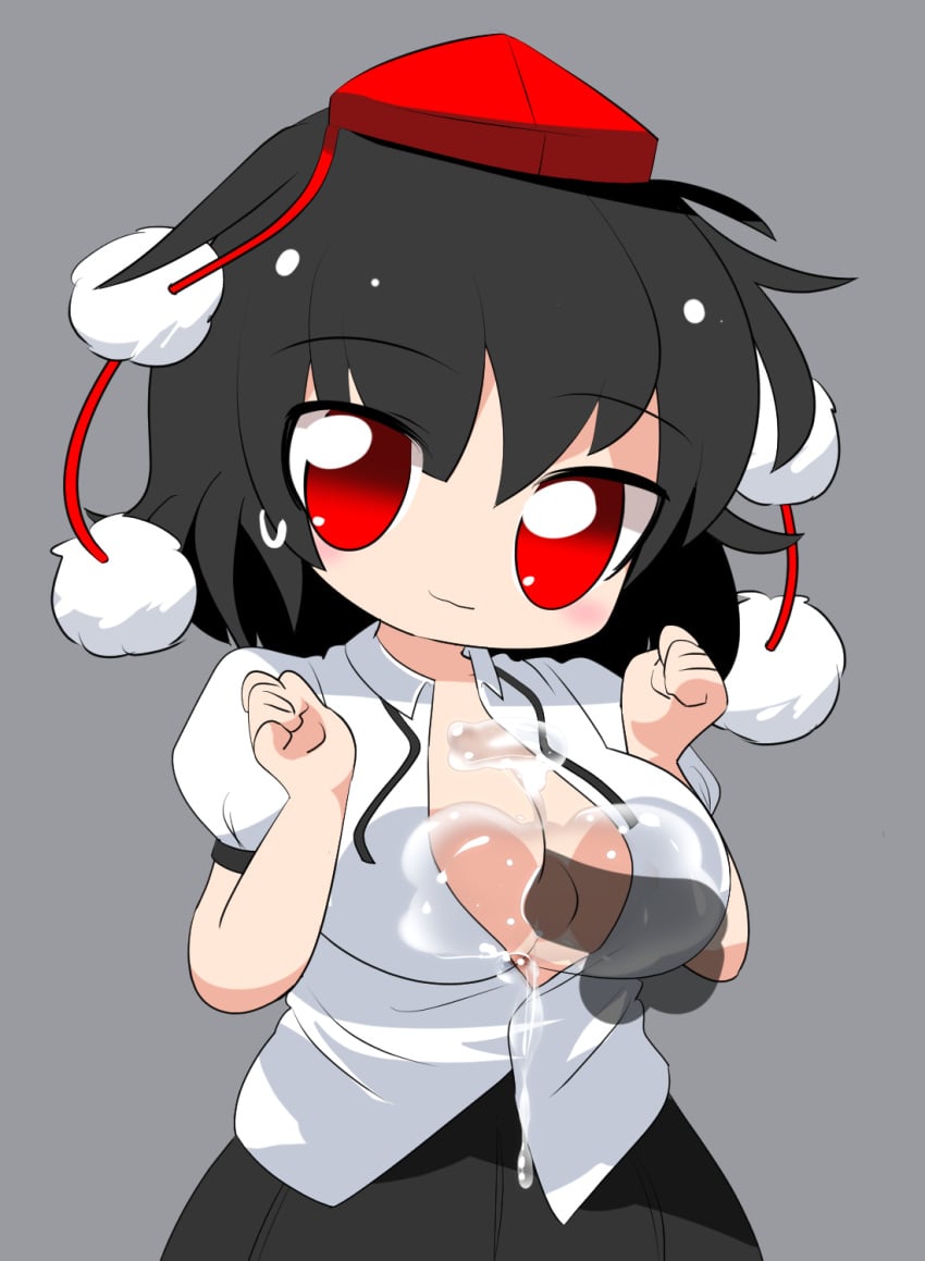 1boy black_hair black_skirt blank_censor blush breasts censored closed_mouth collared_shirt commentary_request cookie_(touhou) cowboy_shot cum cum_on_body cum_on_breasts female hands_up hat highres large_breasts lets0020 looking_at_viewer maru_(cookie) medium_bangs open_clothes open_shirt paizuri penis perpendicular_paizuri ponytail puffy_short_sleeves puffy_sleeves red_eyes red_hat shameimaru_aya shirt short_hair short_sleeves simple_background skirt smile solo_focus straight tokin_hat touhou variant_set white_shirt