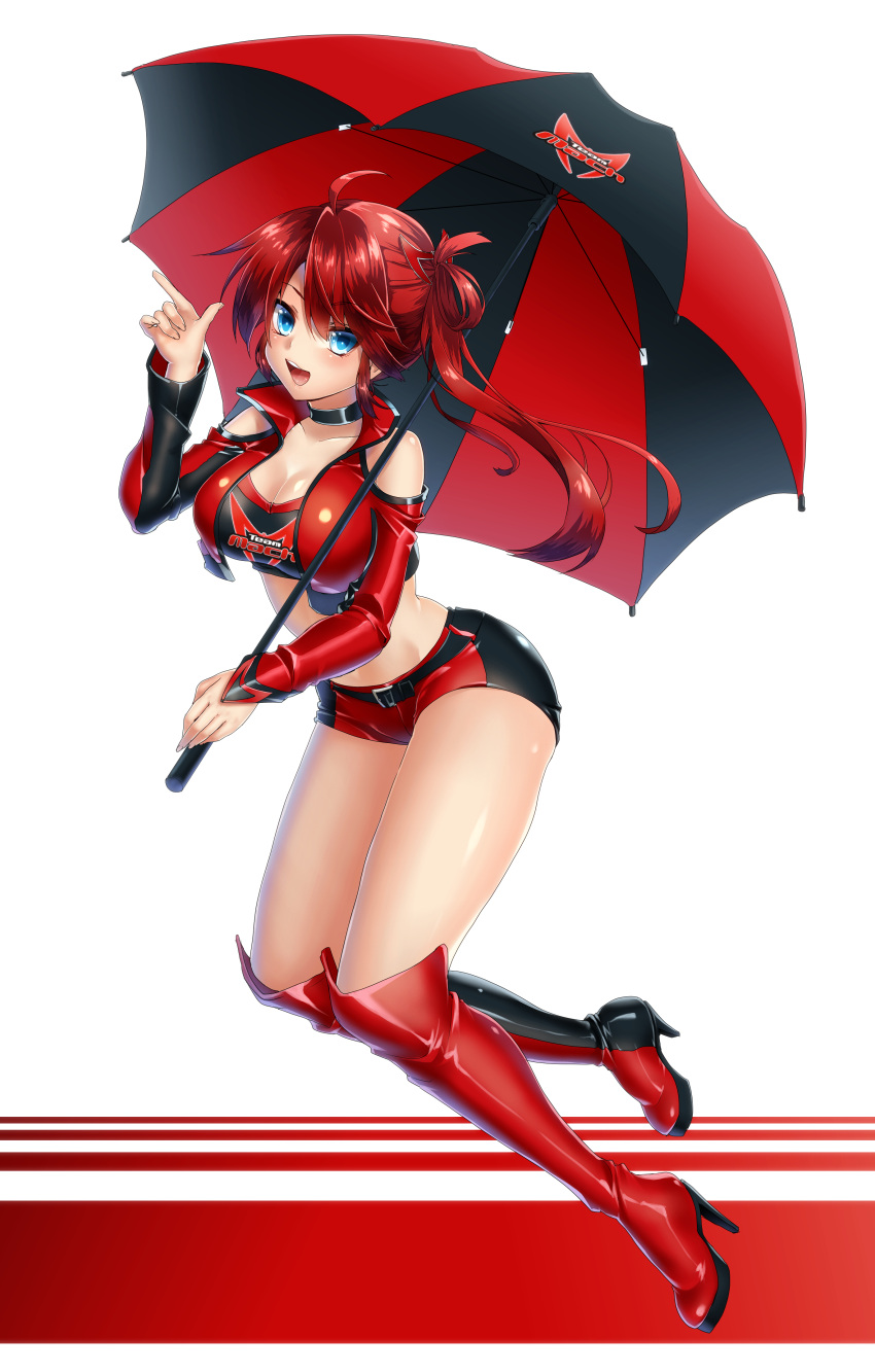 absurd_res blue_eyes breasts high_heel_boots keita_(tundereyuina) large_breasts original_character race_queen red_hair side_ponytail source_deleted thick_thighs umbrella