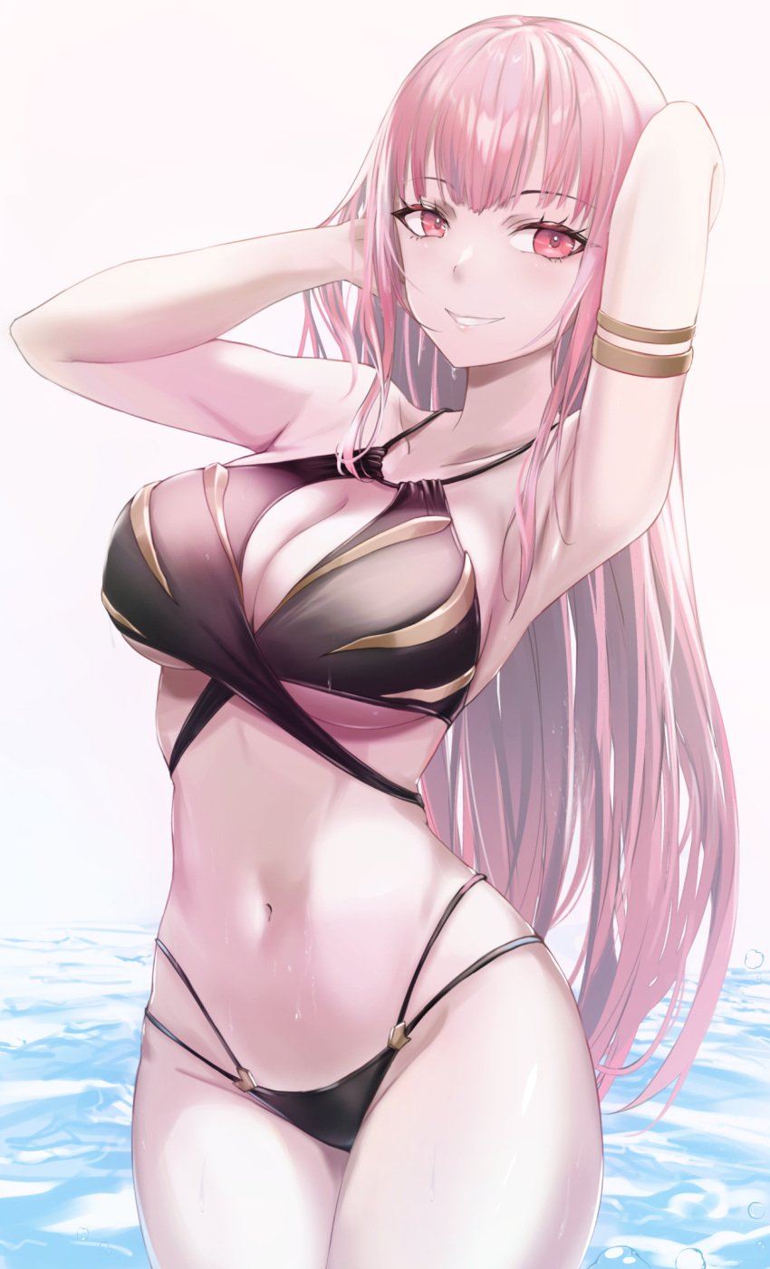 1girls 2d 2d_(artwork) alternate_costume arms_behind_head artist_request belly_button big_breasts bikini bikini_bottom bikini_top black_bikini black_bikini_bottom black_swimsuit black_thong day female female_focus female_only high_resolution highres hololive hololive_english hololive_myth hourglass_figure light-skinned_female light_skin long_hair looking_at_viewer mori_calliope multi-strapped_bikini navel ocean outdoors pink_eyes pink_hair revealing_swimsuit slim_girl smiling smiling_at_viewer solo solo_female solo_focus standing summer swimsuit thong thong_bikini two_piece_swimsuit virtual_youtuber vtuber vtuberfanart water white_background young younger_female