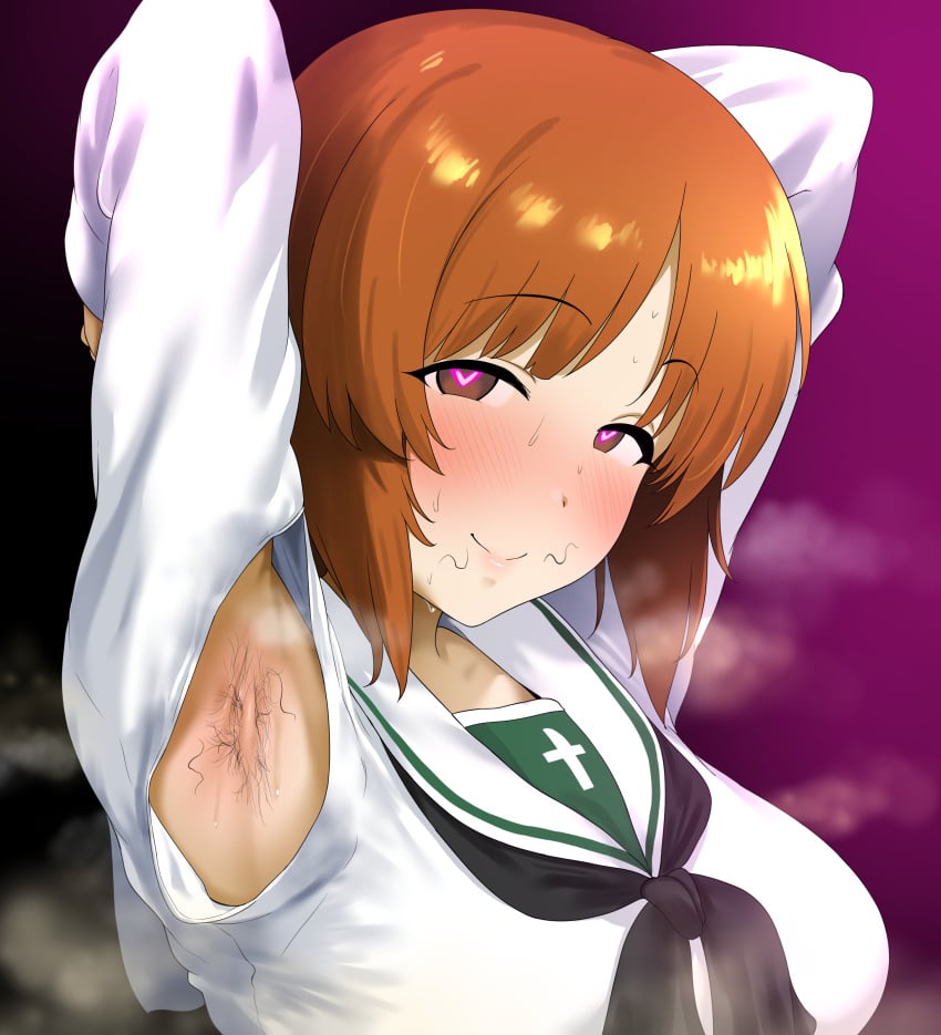 1girls armpit_cutout armpit_fetish armpit_hair armpits arms_behind_back blush breasts clothing_cutout daroon5 female girls_und_panzer heart-shaped_pupils large_breasts looking_at_viewer nishizumi_miho ooarai_school_uniform presenting_armpit sailor_collar school_uniform smell smile solo steaming_body stray_pubic_hair sweat upper_body