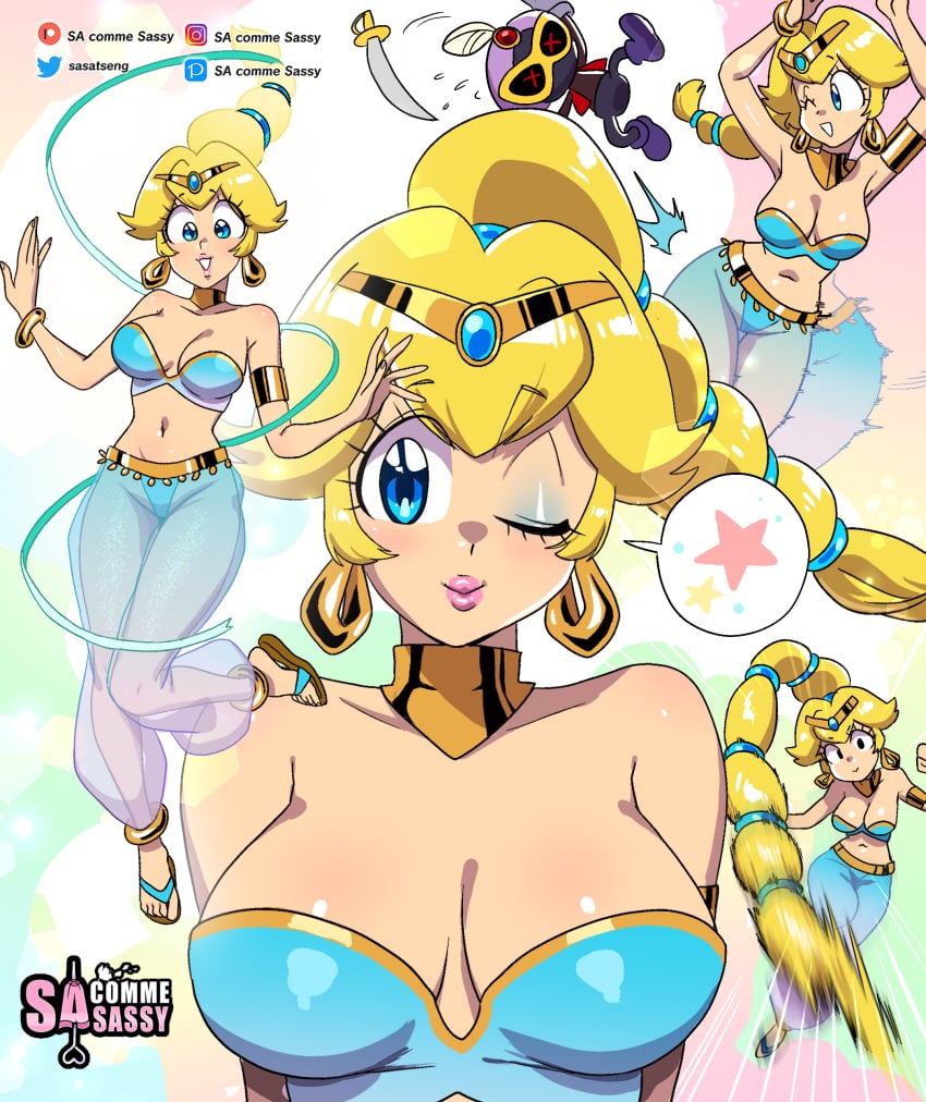 1girls blonde_hair blue_eyes braid earrings female female_only genie genie_girl gold_jewelry hi_res jewelry long_hair looking_at_viewer mario_(series) multiple_views nintendo pink_lipstick princess_peach princess_peach:_showtime! sasatseng smiling smiling_at_viewer solo wink winking_at_viewer