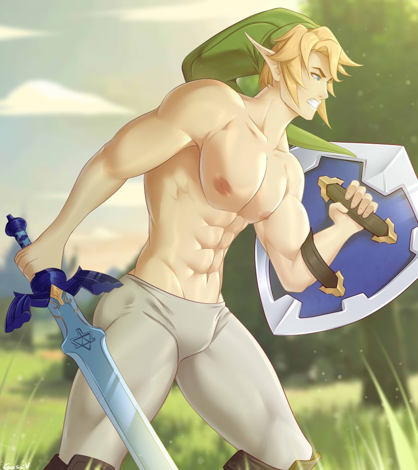 1boy abs alternate_hair_color blonde_hair blue_eyes gasaiv gay link link_(twilight_princess) male male_only shirtless the_legend_of_zelda the_legend_of_zelda:_twilight_princess twilight_princess yaoi