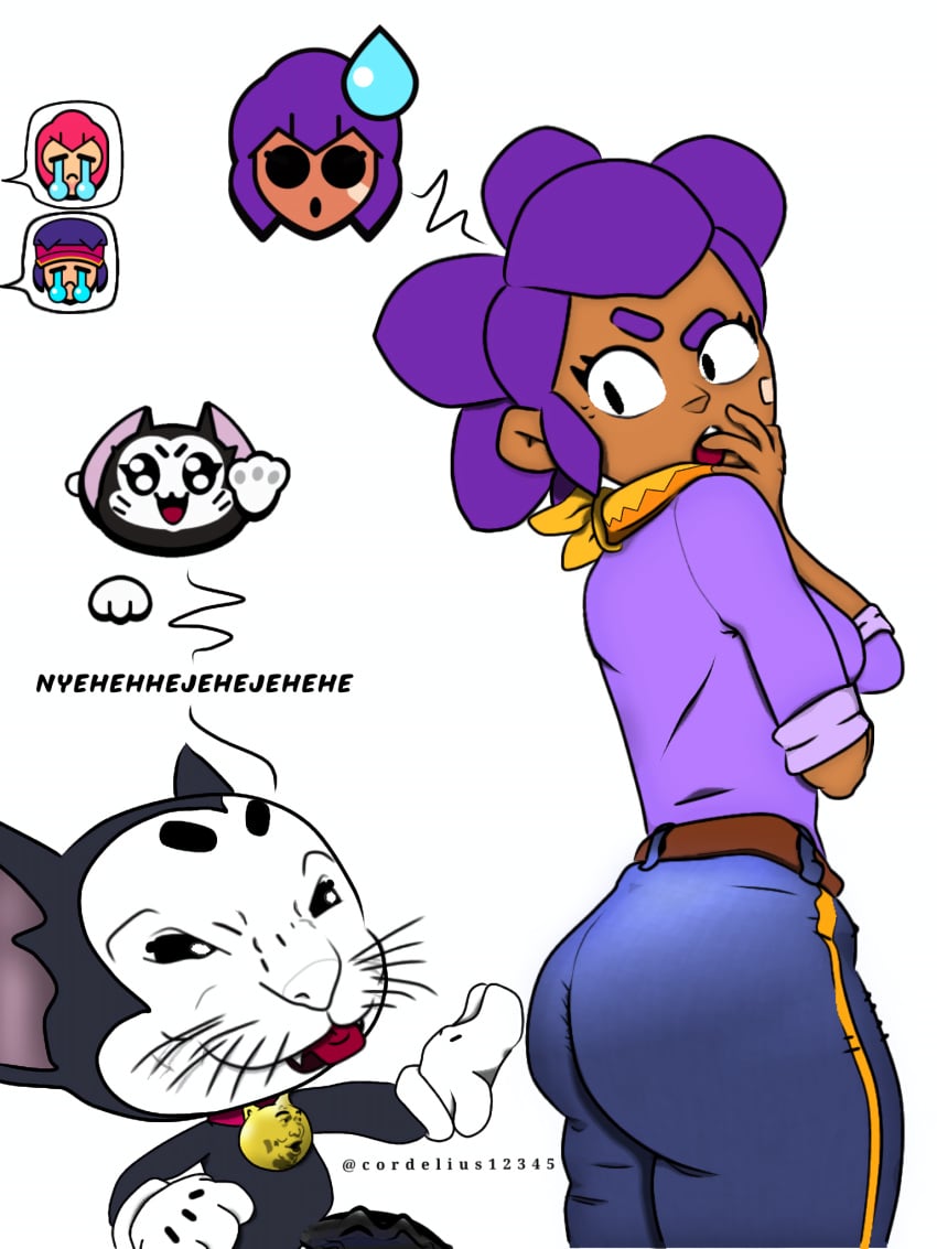 1female 1girls 2boys anthro ass ass_focus big_ass big_butt big_penis black_eyes black_penis brawl_stars breasts cat_ears cat_humanoid clothed clothed_female clothing collar colt_(brawl_stars) crying crying_male crying_with_eyes_closed culo culo_grande curifeos dark-skinned_female dark_penis dark_skin erect_penis erection fang_(brawl_stars) feline female female_focus funny furry happy jeans kit_(brawl_stars) latina male meme morena penis penis_out penis_size_difference pet purple_hair purple_shirt shelly_(brawl_stars)