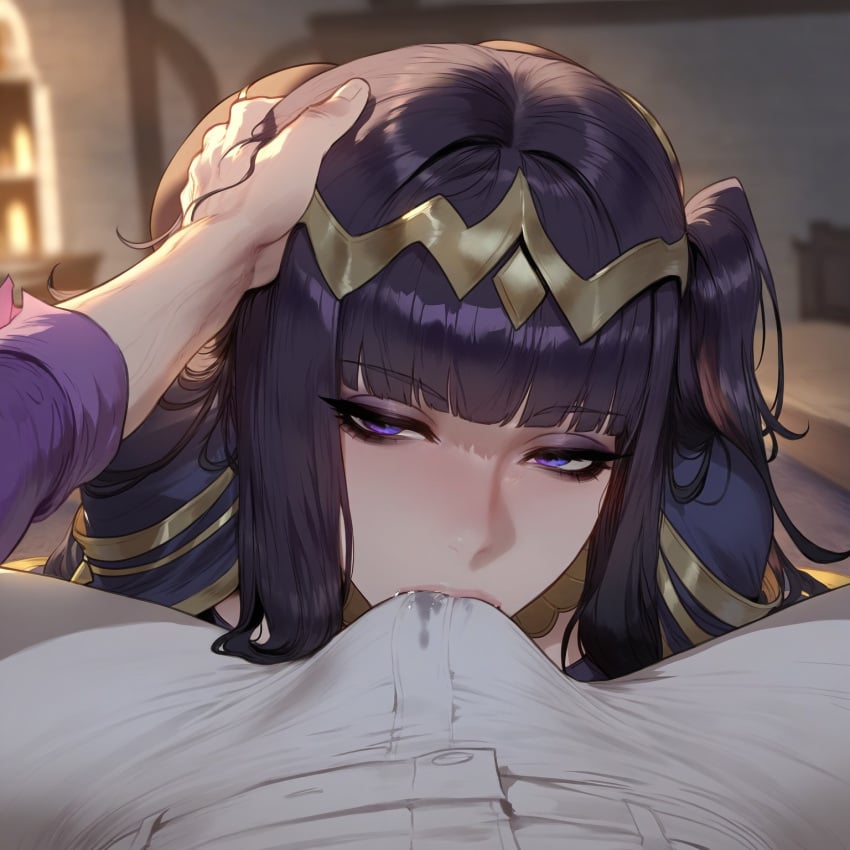 absurdres ai_generated bodystocking bulge cock_worship dark_hair erection erection_under_clothes fire_emblem fire_emblem_awakening hand_on_another's_head imminent_oral imminent_sex liu_(artist) looking_at_viewer pov pov_crotch purple_eyes robin_(fire_emblem)_(male) saliva stain straight tharja_(fire_emblem)