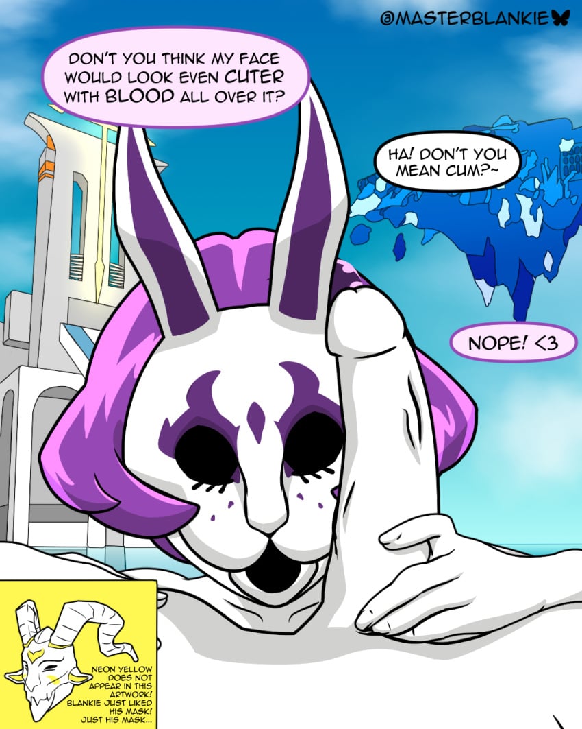 bunny_mask dialogue_bubble dick mask masked masked_female master_blankie neon_violet neon_white neon_white_(character) purple_hair rabbit_mask text_bubble