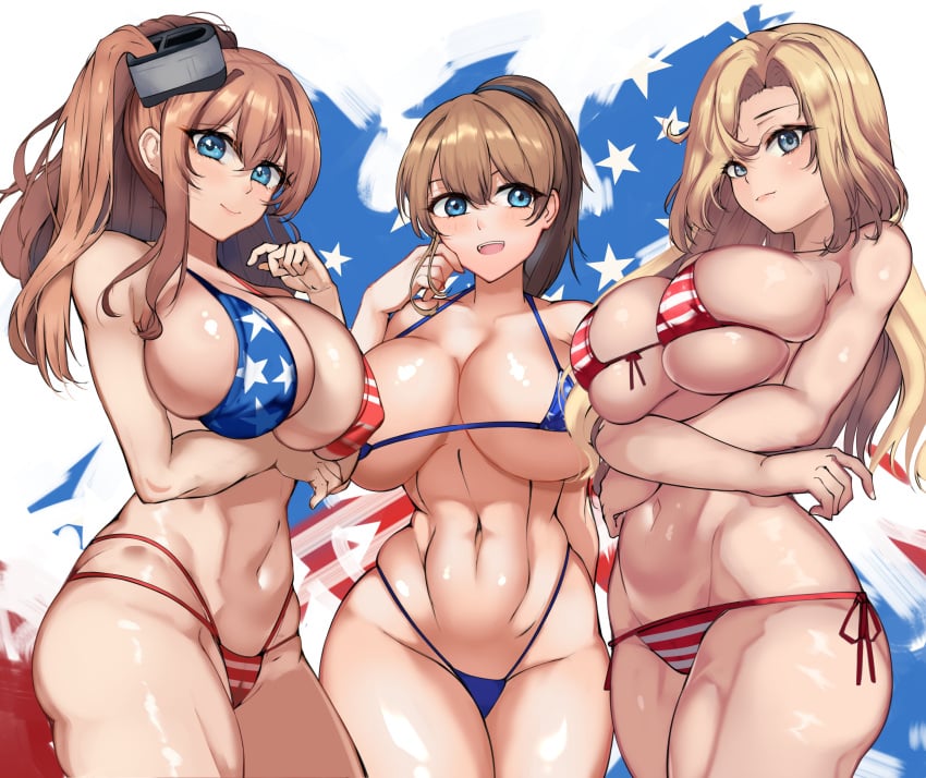 3girls alternate_version_available american_flag_bikini big_breasts bikini bikini_bottom bikini_top black_eyes blonde_hair blue_bikini blue_eyes bottomwear breasts brown_hair cleavage female female_only hair hair_ornament hips hornet_(kantai_collection) huge_breasts intrepid_(kantai_collection) kantai_collection long_hair micro_bikini ponytail purplecat_(artist) red_bikini saratoga_(kantai_collection) smile swimwear thighs topwear