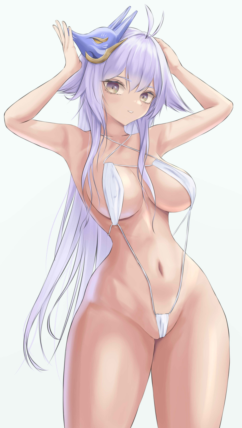 1girls absurdres animal_ears azur_lane blue_hair blush breasts covered_nipples ears_down female fox_ears fox_mask gradient_eyes grin hair_between_eyes hands_on_own_head hands_up highres hip_focus kdkaikai large_breasts light-skinned_female light_blue_hair light_skin light_smile long_hair looking_at_viewer mask mask_on_head multicolored_eyes navel one-piece_swimsuit parted_lips purple_eyes sakura_empire_(azur_lane) smile solo standing stomach swimsuit tosa_(azur_lane) very_long_hair white_hair yellow_eyes