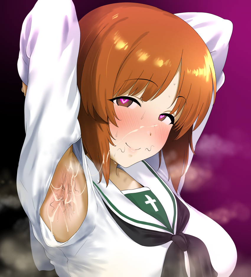 armpit_cutout armpit_fetish armpit_hair armpits arms_behind_back blush breasts clothing_cutout cum cum_on_armpit cum_on_face daroon5 female girls_und_panzer heart-shaped_pupils large_breasts looking_at_viewer nishizumi_miho ooarai_school_uniform presenting_armpit sailor_collar school_uniform smell smile solo steaming_body stray_pubic_hair sweat upper_body