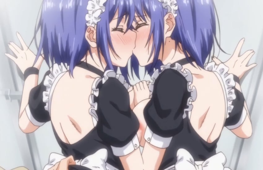 backless_outfit blush breasts_out closed_eyes hoshizuki_kaede hoshizuki_suzu incest kaede_to_suzu kissing large_breasts leaning_on_wall maid_headdress maid_uniform purple_hair sisters standing twins yuri