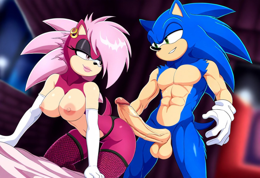 ai_generated anthro_on_anthro areola ass blue_body breasts eyeshadow female fishnet_legwear fishnet_stockings fishnet_thighhighs fishnets gold_jewelry green_eyes imminent_sex incest incest_(lore) magenta_fur male male/female penis pink_hair pink_nipples sex sonia_the_hedgehog sonic_(series) sonic_the_hedgehog sonic_the_hedgehog_(series) sonic_underground sonic_x_sonia straight veiny_penis violet_body white_gloves