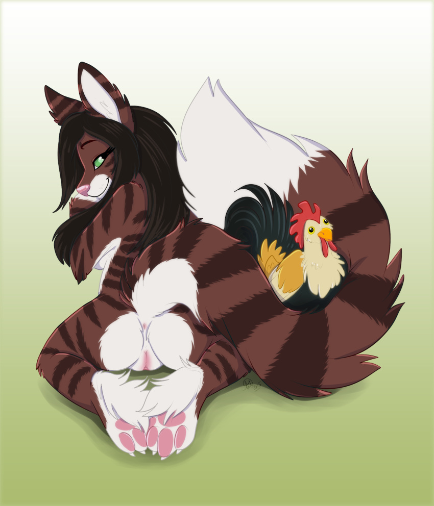 2015 anus avian bird brown_fur chicken feline female feral fur green_eyes kwik looking_at_viewer looking_back mammal presenting pussy raised_tail