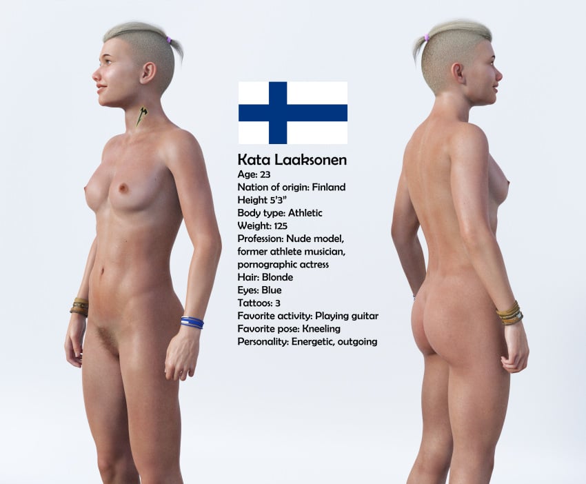 3d absurd_res absurdres athletic_female blonde_hair_female blue_eyes bracelets female finnish_flag gray_background kata_laaksonen light-skinned_female light_skin naked naturally-outfitted neck_tattoo nude nude_female pink_scrunchie pubic_hair short_hair side_shave